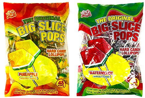 Big Slice Lollipops Pineapple and Watermelon Hard Candy Lollipops 48 Pops Per Flavor 96 Pops Total