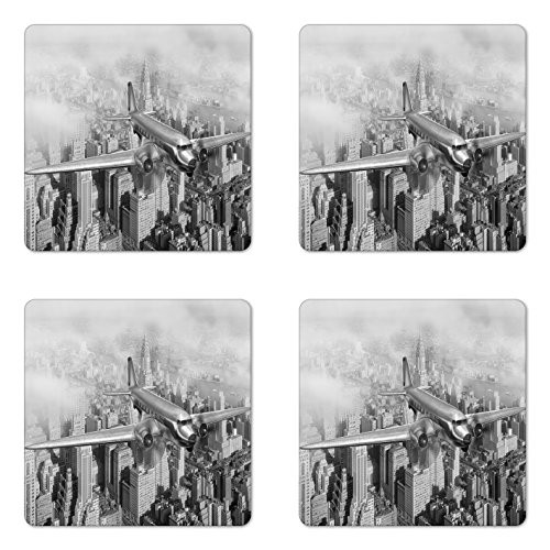 Ambesonne Vintage Coaster Set of 4  Nostalgic Dated Plane Flying over Skyscrapers in New York City Urban Life  Square Hardboard Gloss Coasters  Standard Size  Monochrome