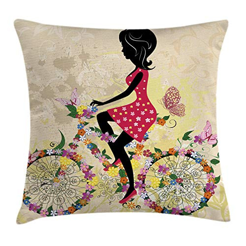 Ambesonne Retro Throw Pillow Cushion Cover  Girl Bicycle with Flowersnd Butterflies Drawing Illustration  Decorative Square Accent Pillow Case  18  X 18   Pink Beige