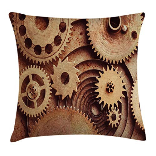 Ambesonne Industrial Throw Pillow Cushion Cover  Inside The Clocks Theme Gears Mechanical Device Image in Steampunk Style Print  Decorative Square Accent Pillow Case  18  X 18   Tan Brown