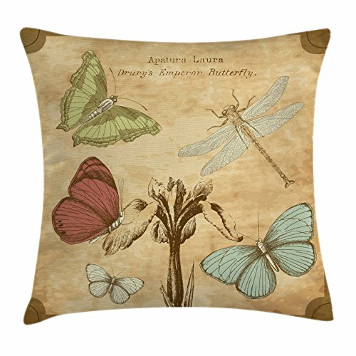 Ambesonne Dragonfly Throw Pillow Cushion Cover  Retro Style Butterflies with Flower Petals and Grunge Effects Artwork  Decorative Square Accent Pillow Case  18  X 18   Brown Caramel