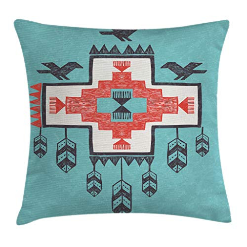 Ambesonne Tribal Throw Pillow Cushion Cover  Hand Drawn Dreamcathcher Folkloric Birds Image  Decorative Square Accent Pillow Case  18  X 18   Teal Coral