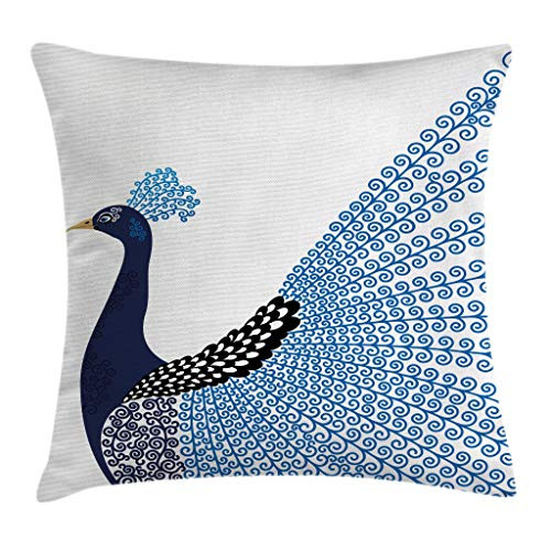 Ambesonne Animal Throw Pillow Cushion Cover  Exotic Wild Magnificent Bird with Feather Peacock Modern Image Artwork  Decorative Square Accent Pillow Case  18  X 18   Blue Black