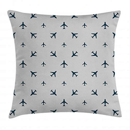 Ambesonne Airplane Throw Pillow Cushion Cover  Diagonal Stripes with Blue Travel Silhouettes Vacation Aviation  Decorative Square Accent Pillow Case  18  X 18   Petrol Blue