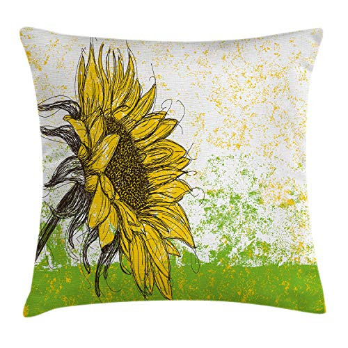 Ambesonne Nature Throw Pillow Cushion Cover  Floral Print with Sunflowers in a Field Summer Garden Sketchy Abstract Detail Image  Decorative Square Accent Pillow Case  18  X 18   Yellow Green