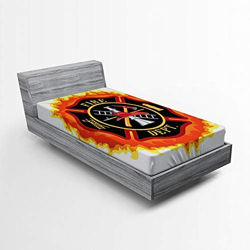 Lunarable Fireman Fitted Sheet  Fire Department Ladder Public Service Essential Tools of Firefighters  Soft Decorative Fabric Bedding All-Round Elastic Pocket  Twin Size  Soft Orange