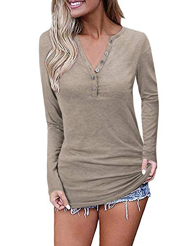 OUGES Womens Long Sleeve V-Neck Button Causal Tops Blouse T ShirtCoffee XXL