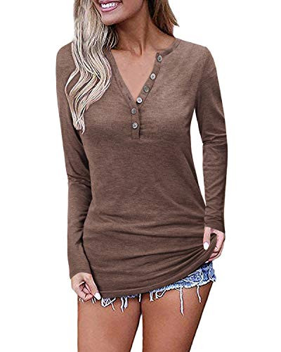 OUGES Womens Long Sleeve V-Neck Button Causal Tops Blouse T ShirtBrown XXL