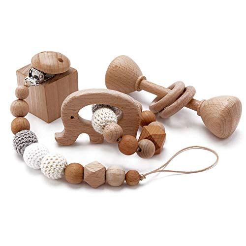 Biter teether Set of 3 Wooden Natural Elephant Teether Bracelet with Olive Oil Organic Crochet Beads Pacifier Clip Holder Safe Wooden Rattle Ring Sensory Teething Toys Sore Gums Pain Relief