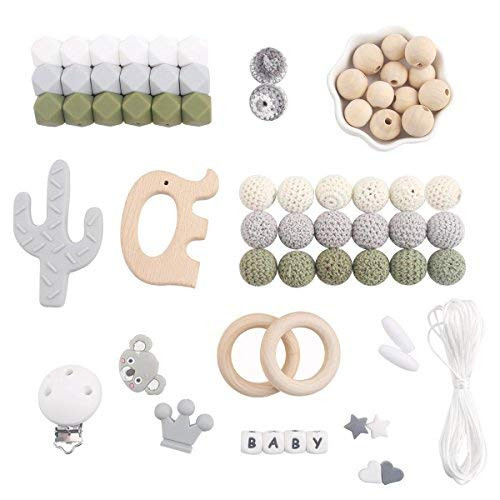 Let s Make Baby Silicone Beads Wooden Teething Toys Toddler Teether Food Grade Elephant Pendant Wooden Rings DIY Necklace Teething Kit Boy Gifts