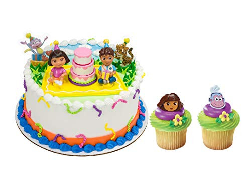 Dora the Explorer Officially Licensed Birthday Celebration Cake Topper with 24 Dora and Boots Cupcake Topper Rings and 24 Assorted Spiral Candles
