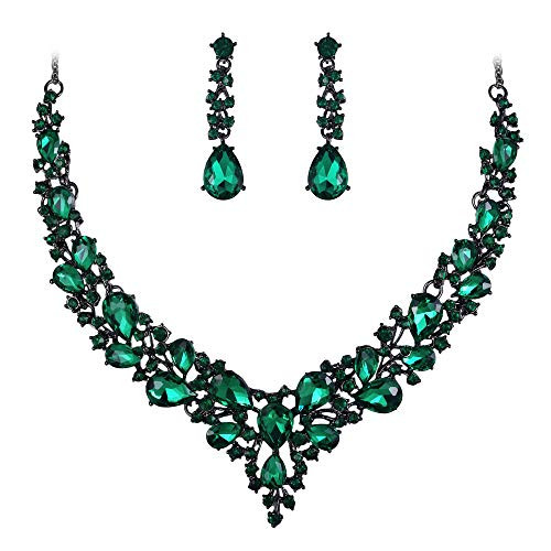 BriLove Wedding Bridal Necklace Earrings Jewelry Set for Women Austrian Crystal Teardrop Cluster Statement Necklace Dangle Earrings Set Emerald Color Black-Tone BriLove Wedding Bridal Necklace Earrings Jewelry Set for Women Austrian Crystal Teardrop Cluster Statement Necklace Dangle Earrings Set Emerald Color Black-Tone