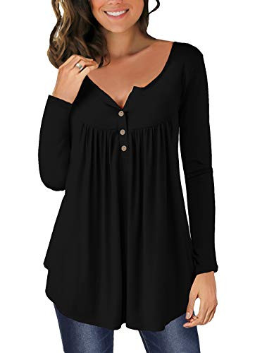 MODARANI Black Henley Shirts for Women Long Sleeve Top V Neck Button Up Tee XXL