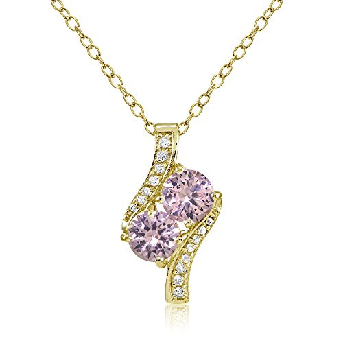 Yellow Gold Flashed Sterling Silver Simulated Pink Tourmaline Round Two Stone and CZ Accents Necklace