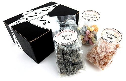 Hermann the German Bavarian Hard Candy 3-Flavor Variety One 5-29 oz Bag Each of Liquorice Honey Bees and Bavarian Herbal Assortment in a BlackTie Box 3 Items Total Hermann the German Bavarian Hard Candy 3-Flavor Variety One 5-29 oz Bag Each of Liquorice Honey Bees and Bavarian Herbal Assortment in a BlackTie Box 3 Items Total