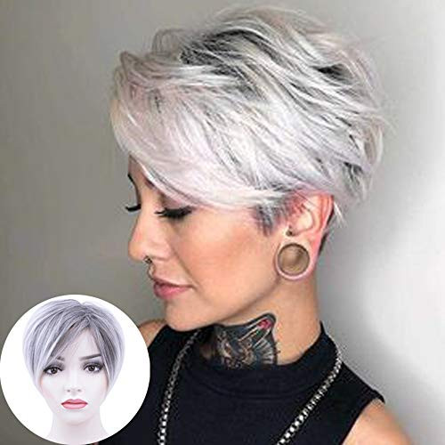 BECUS Highlight Ombre Roots Dark Brown Mixed Grey Little Light Pink Short Pixie Cut Wig with Bangs Heat Resistant Synthetic Realistic Layered Fluffy Straight Wigs for Women with Wig Cap BECUS Highlight Ombre Roots Dark Brown Mixed Grey Little Light Pink Short Pixie Cut Wig with Bangs Heat Resistant Synthetic Realistic Layered Fluffy Straight Wigs for Women with Wig Cap