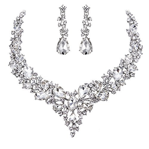 BriLove Wedding Bridal Necklace Earrings Jewelry Set for Women Austrian Crystal Teardrop Cluster Statement Necklace Dangle Earrings Set Clear Rhodium-Tone BriLove Wedding Bridal Necklace Earrings Jewelry Set for Women Austrian Crystal Teardrop Cluster Statement Necklace Dangle Earrings Set Clear Rhodium-Tone
