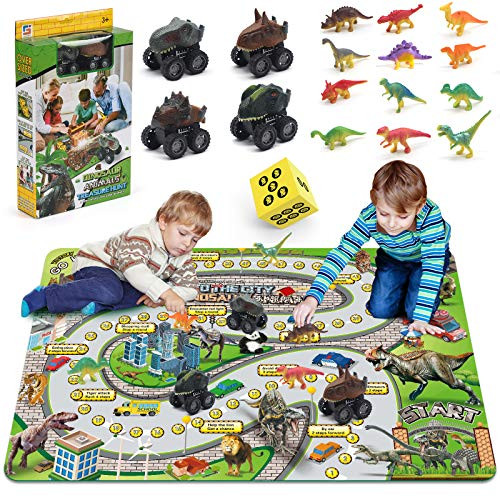 Dinosaur Toys w- Activity Play Mat  4 Pull Back Dinosaur Cars  12 Realistic Dinosaur Figures and 1 Game Dice - Dinosaur Toy Playset for Boys  Party Favor Gifts Dinosaur Toys for Kids Ages 3