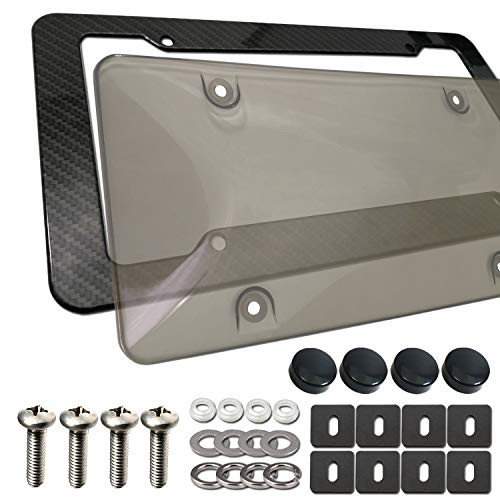 Aootf License Plate Cover Frame- Bubble Smoked License Plate Shield   Plastic Carbon Fiber Car Tag Holder  Tinted Heavy Duty Unbreakable Novelty Protector  Mount Screws  Black Caps  Rattle Proof Pad