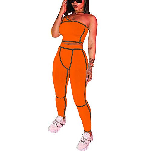 Jonando Women s Club 2 Piece Outfit Bodycon Jumpsuit One Shoulder Crop Tops High Waist Long Pant Set Orange