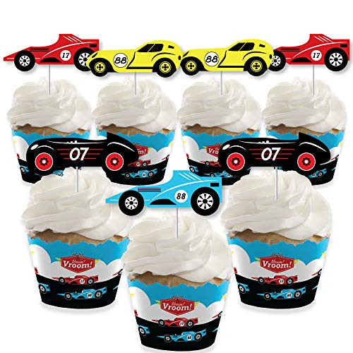 Big Dot of Happiness Lets Go Racing - Racecar - Cupcake Decoration - Race Car Birthday Party or Baby Shower Cupcake Wrappers and Treat Picks Kit - Set of 24