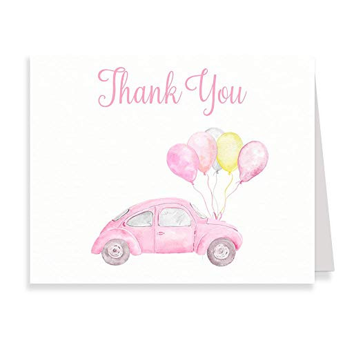 Drive by Baby Shower Thank You Card Parade VW Folding Notes Baby Girls It s a Girl Light Pink Pastel Bug Drive-by Thru Through Social Distancing Blank Inside Printed Cards 24 Count