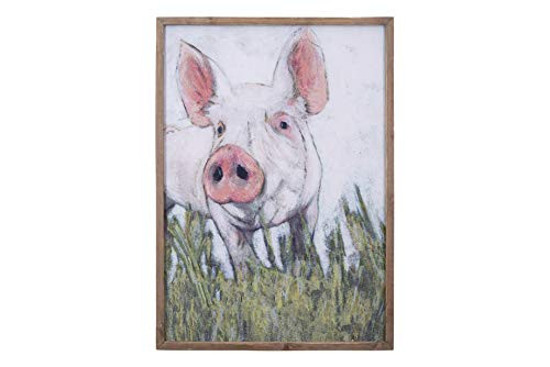 Creative Co-op Pig on Canvas Wood Decor Framed Wall Décor Pink