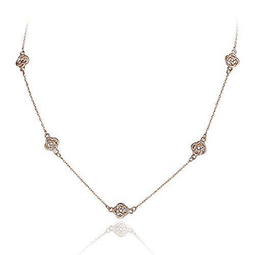 Hoops   Loops Rose Gold Flashed Sterling Silver Polished Love Knot Flower Station Chain Necklace
