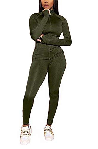 Women Casual 2 Piece Sport Outfits Long Sleeve Zipper Jacket Sweatshirt with Bodycon Long Pants Set Sweatsuits Jogging Suits Sports Tracksuit Jumpsuit Green  Large