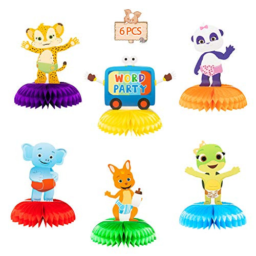 HAOORYX 6Pcs Word Party Honeycomb Centerpieces  3D Table Decorations Honeycomb Balls for Kids Word Party Theme Birthday Party Supplies Double Sided Cake Topper Photo Booth Props Party Favors