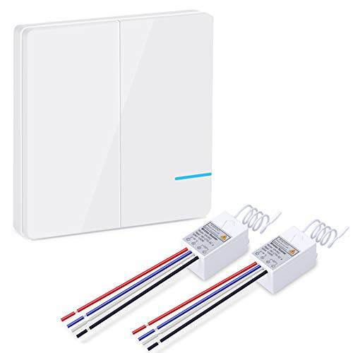 Wsdcam Wireless Light Switch Kit - No Wires No Tearing Walls  IP54 Waterproof  Remote Control Light Switch for Ceiling Fan Lamp Light  Wall Switch and Receiver 2 Gang Switch Kit