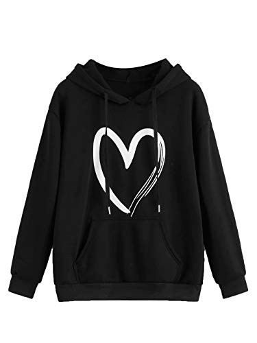 SweatyRocks Women s Casual Heart Print Long Sleeve Pullover Hoodie Sweatshirt Tops Black M