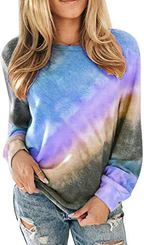 Womens Crewneck Sweatshirt Long Sleeve Tops Tie Dye Printed Colorblock Casual Loose Pullover Blue-16 XX-Large