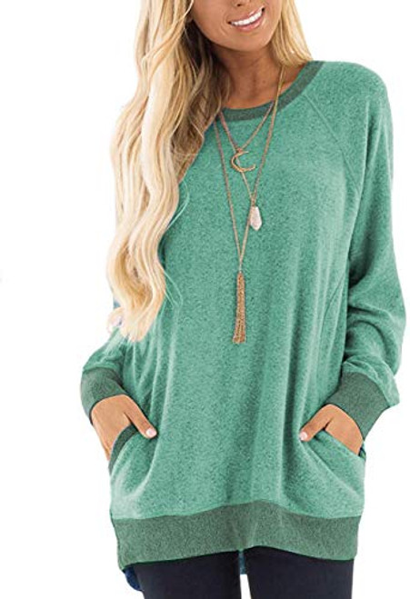 Aygience Womens Shirts with Pocket Casual Pullover Sweaters Long Sleeve T Shirts Sweatshirts Tops Blouses Green XL