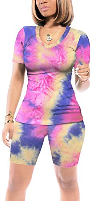 Biker Short Sets Women 2 Piece Outfits Summer Short Sleeve Tie Dye Tops Pants M