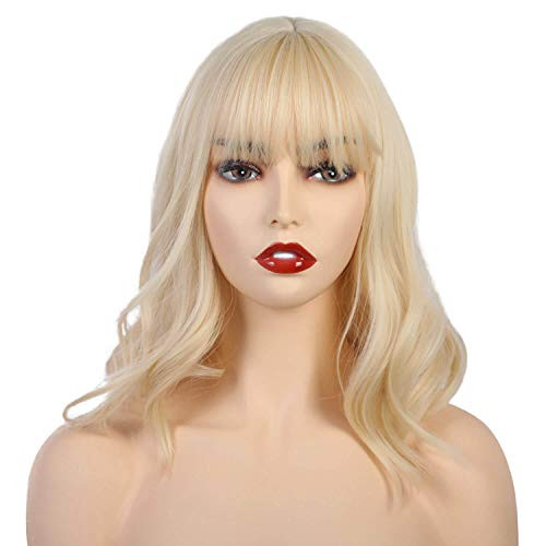 TopWigy Short Wavy Bob Wig with Bangs Blonde Shoulder Length Wig Light Blonde Wig Pastel Bob Wig 14 Inches Curly Wavy Synthetic Cosplay Wigs for Women Party Halloween Light Blonde