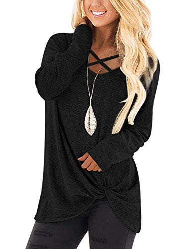 NIASHOT Sweaters for Women Fall Long Sleeves Loose Twist Knot Fashion Tunics Black L