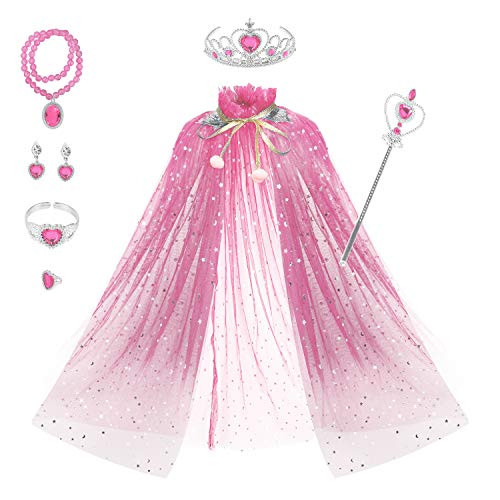Fedio Princess Cape Set 7 Pieces Girls Princess Cloak with Tiara Crown Wand for Little Girls Dress up Pink