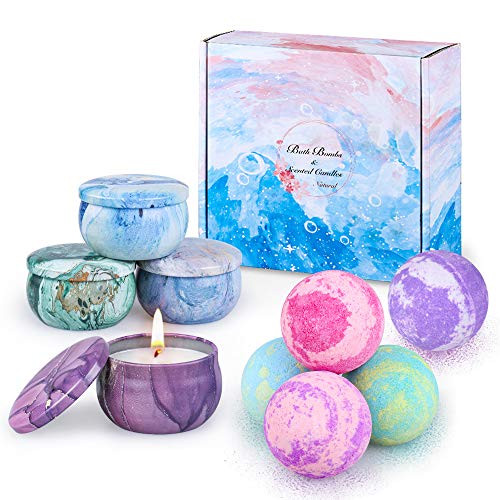 OFUN Bath Bombs Gift Set with Scented Candles for Women   Kids  5 Color Bath Bombs  4 Scented Candles  Dry Skin Moisturize  Idea Gift for Christmas- Birthday- Bubble- Spa Bath