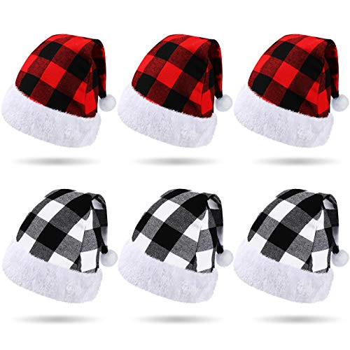 6 Pieces Christmas Santa Hat Plaid Santa Hat with White Cuffs Christmas Soft Plush Fabric Hat for Christmas Costume Party