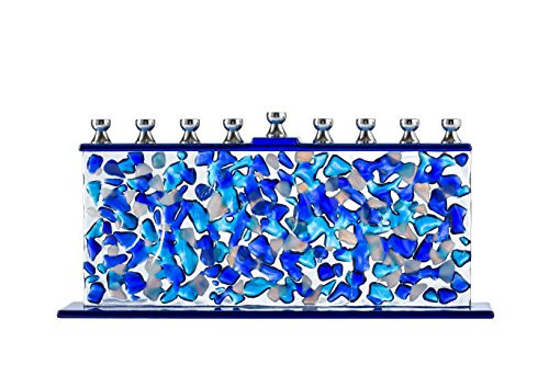 Glass Candle Menorah - Fits all Standard Chanukah Candles - Handcrafted Blue and White Confetti Glass - by Ner Mitzvah