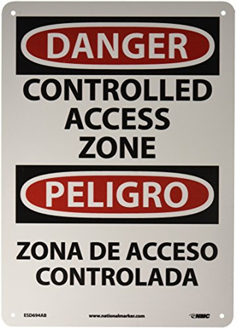 NMC ESD694AB Bilingual OSHA Sign  Legend  DANGER - CONTROLLED ACCESS ZONE   10  Length x 14  Height  0-040 Aluminum  Black-Red on White