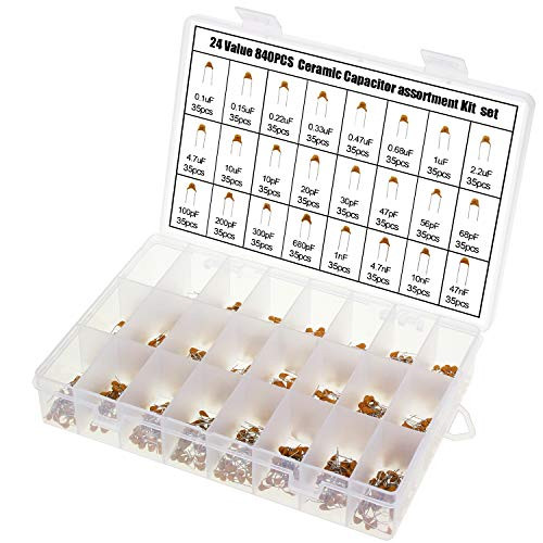 AuSL 24Values 840PCS Ceramic Capacitor DIP Monolithic Multilayer Ceramic Chip Capacitors Assortment Box Kit Range 10PF-10uf 840PCS