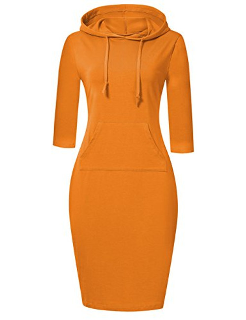 MISSKY 3 4 Sleeve Slim Pocket Casual Sweatshirt Pullover Hoodie Dress L Orange