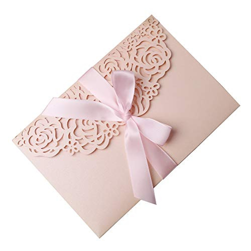 PONATIA 20 PCS 3 Folds 5x7'' Wedding Invitations Cards With Pink Ribbons For Wedding Bridal Shower Engagement Birthday Graduation Invite (Blush Pink)