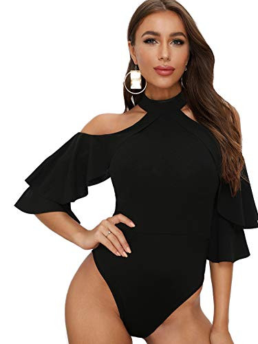 SOLY HUX Women s Ruffle Trim Cold Shoulder Halter Half Sleeve Skinny Bodysuit Black M