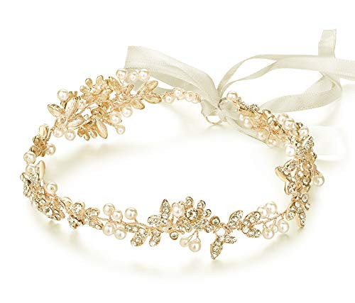 Ammei Vintage Bridal Crystal Headbands Wedding Headpieces Hair Pieces For Bride Bridesmaids Flower Girl Prom Hair Accessories With Ivory Ribbons Hair Vines Gold