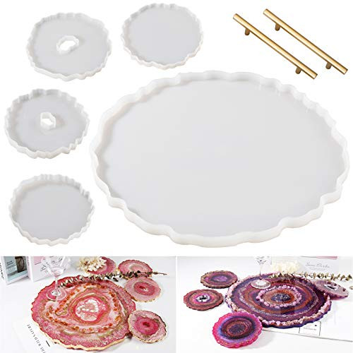 LET S RESIN Round Silicone Molds  Resin Tray molds with 4 Irregular Coaster Molds  Epoxy Resin Mold for Making Faux Agate Tray  Coaster  Desktop Decoration