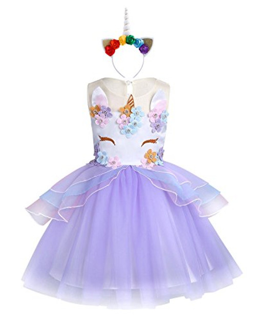 KABETY Baby Girl Unicorn Costume Pageant Flower Princess Party Dress with Headband 150cm  Purple