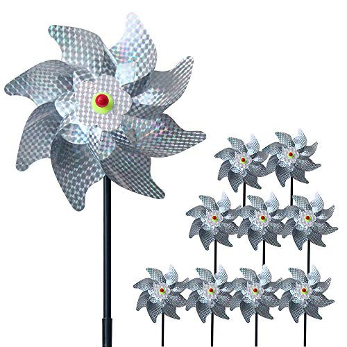 Repellent PinWheels  Reflective Pinwheels  Bird Repellent Devices  Sparkly Silver Pinwheels Pin Wheel Holographic Spinners Whirl Scare Birds Away for Garden LawnSet of 10